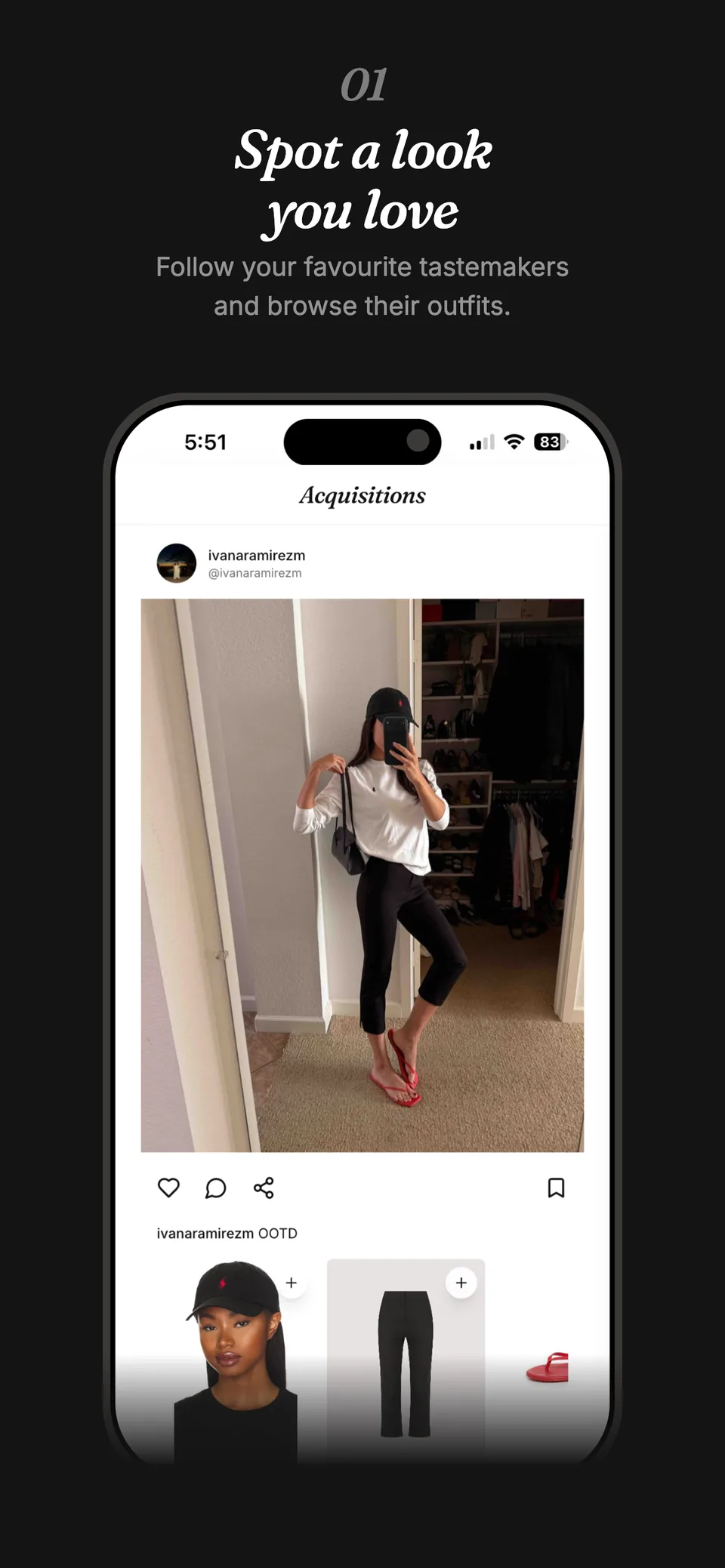 App Store screenshot 1, Spot a look you love: a tastemaker’s outfit post with tappable garments
