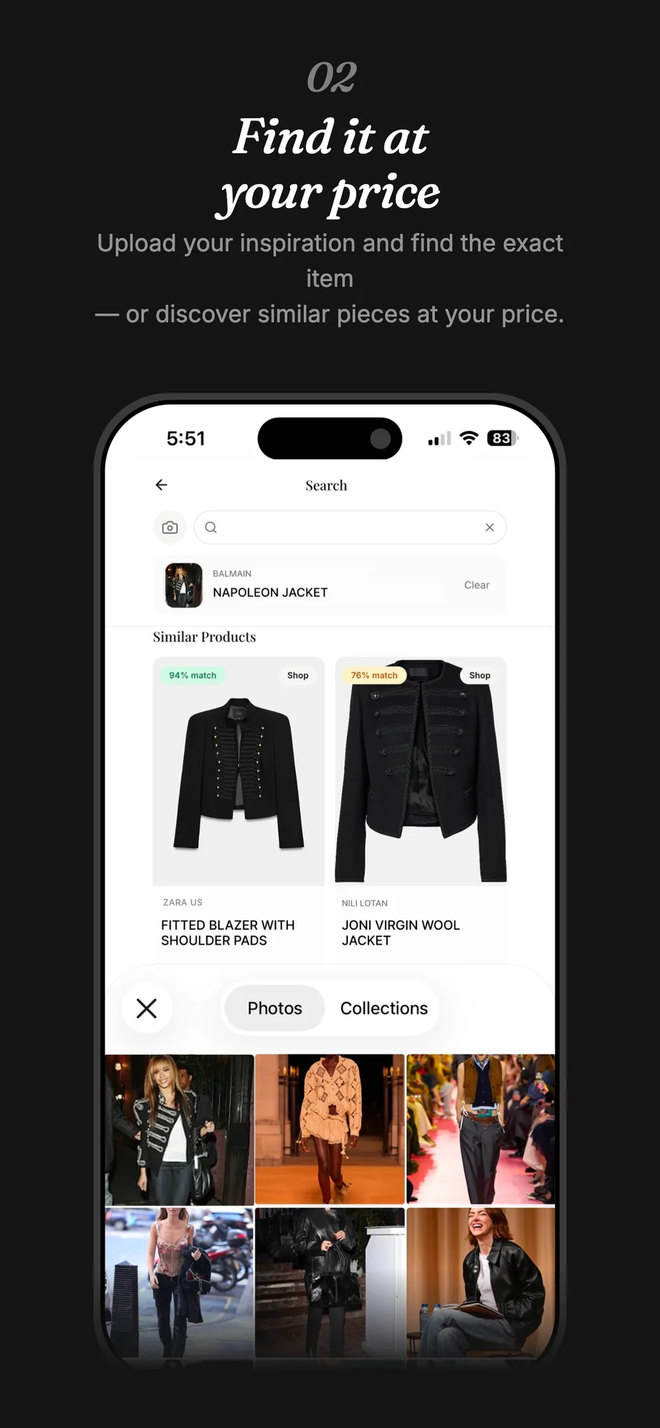 App Store screenshot 2, Find it at your price: photo search results with match percentages