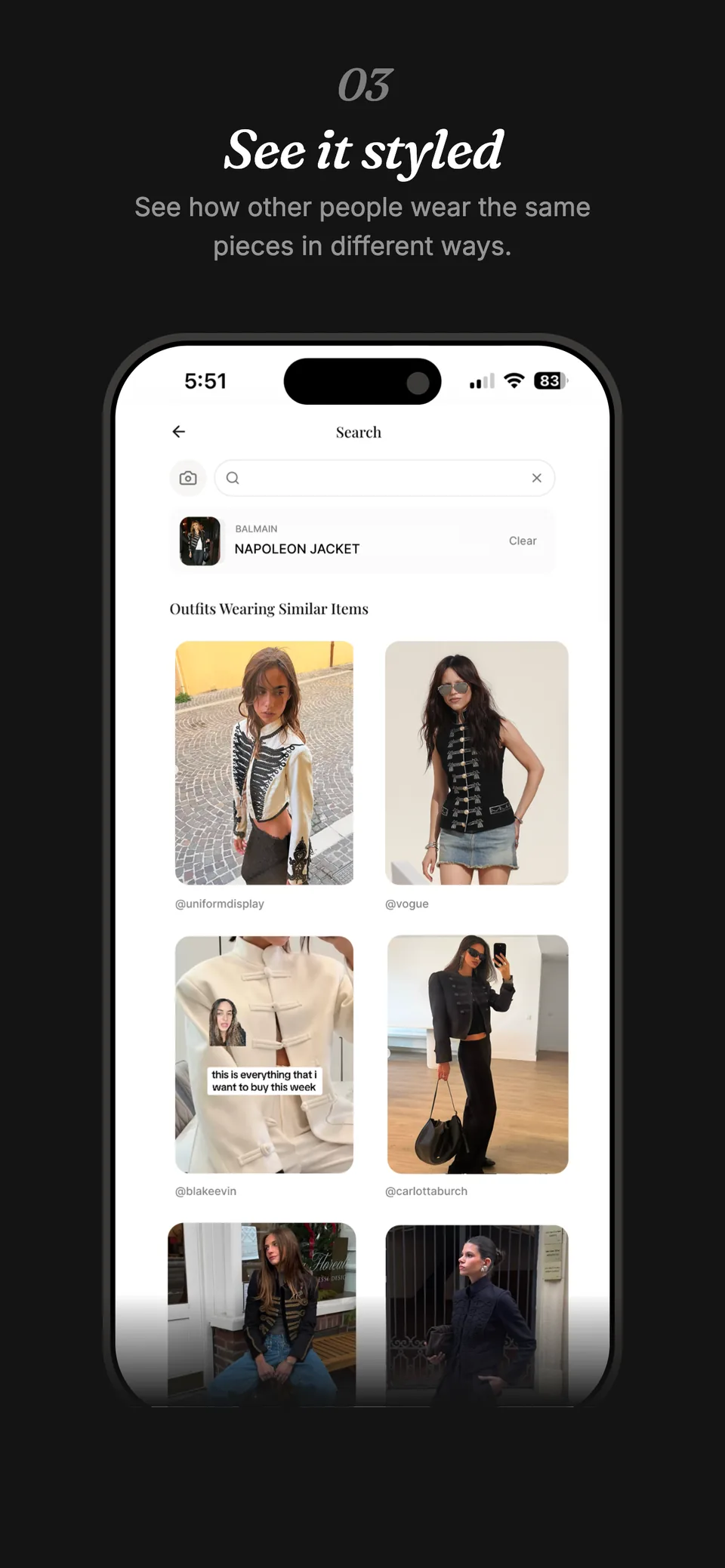 App Store screenshot 3, See it styled: outfits from other people wearing similar items