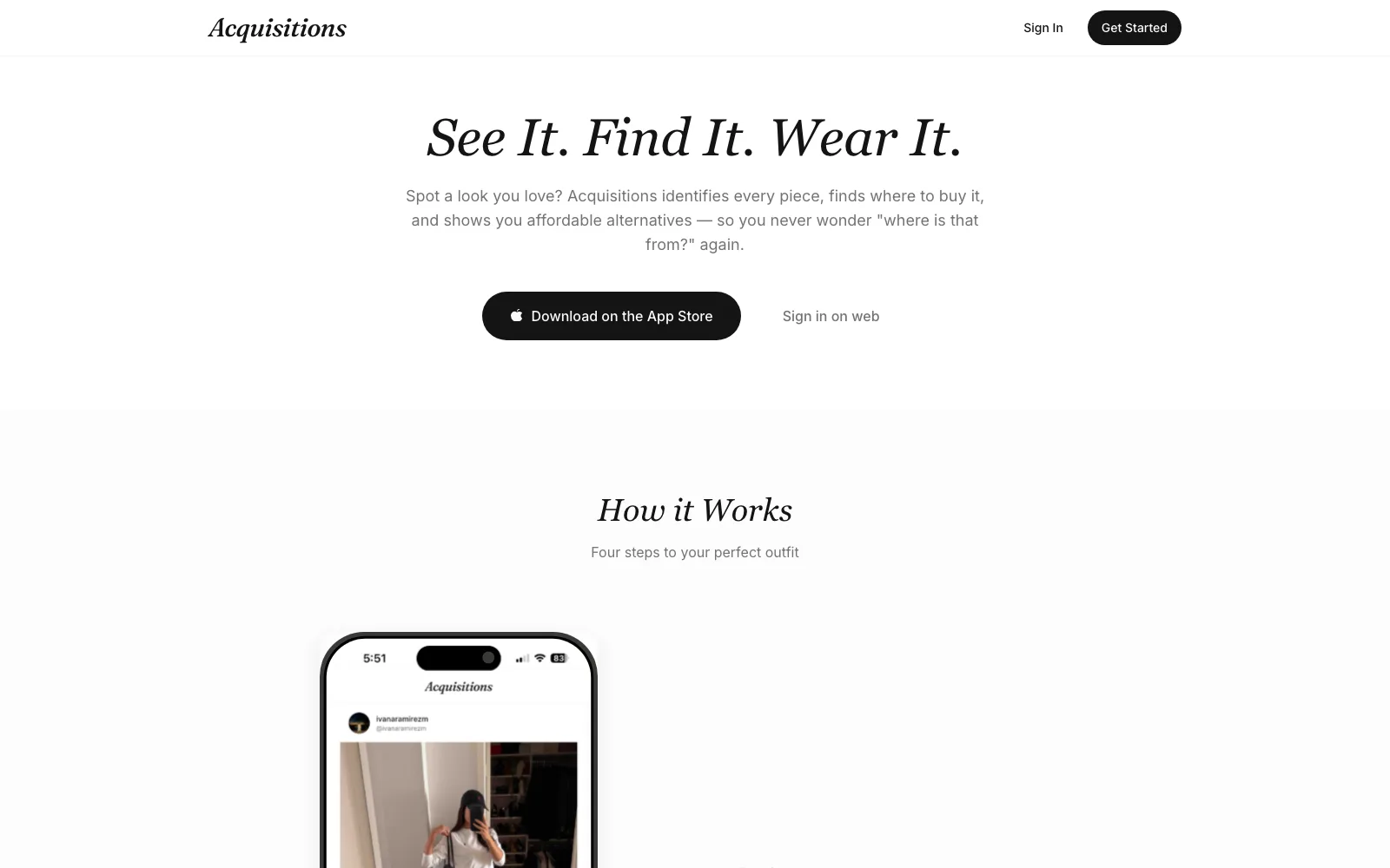 The Acquisitions landing page: the headline See It. Find It. Wear It., an App Store button, and the first How it Works step