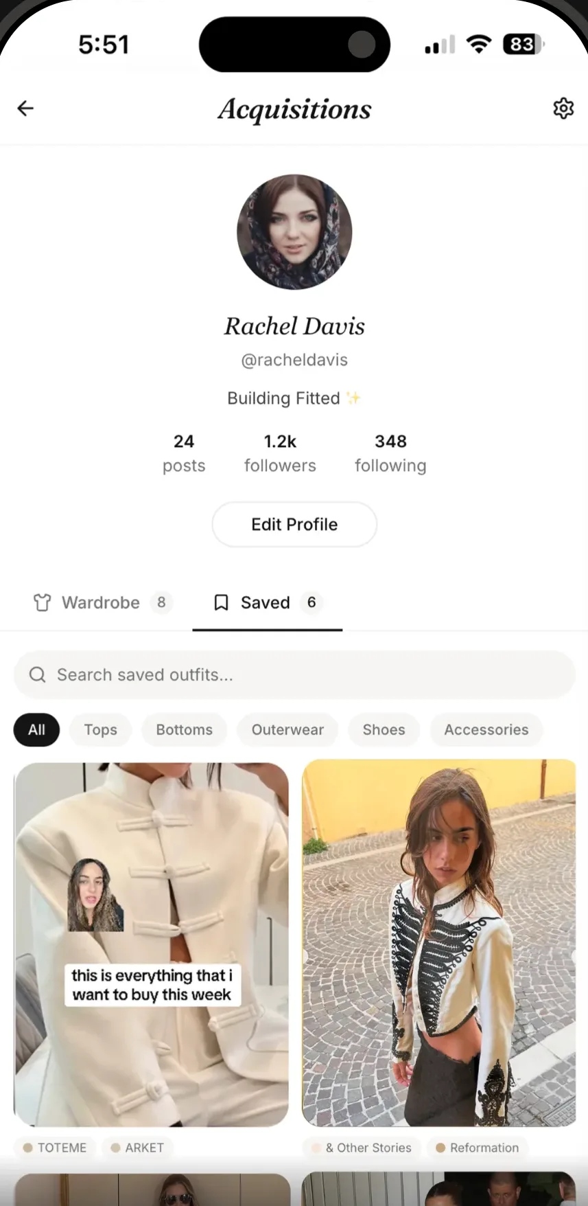 Profile with wardrobe and saved outfits