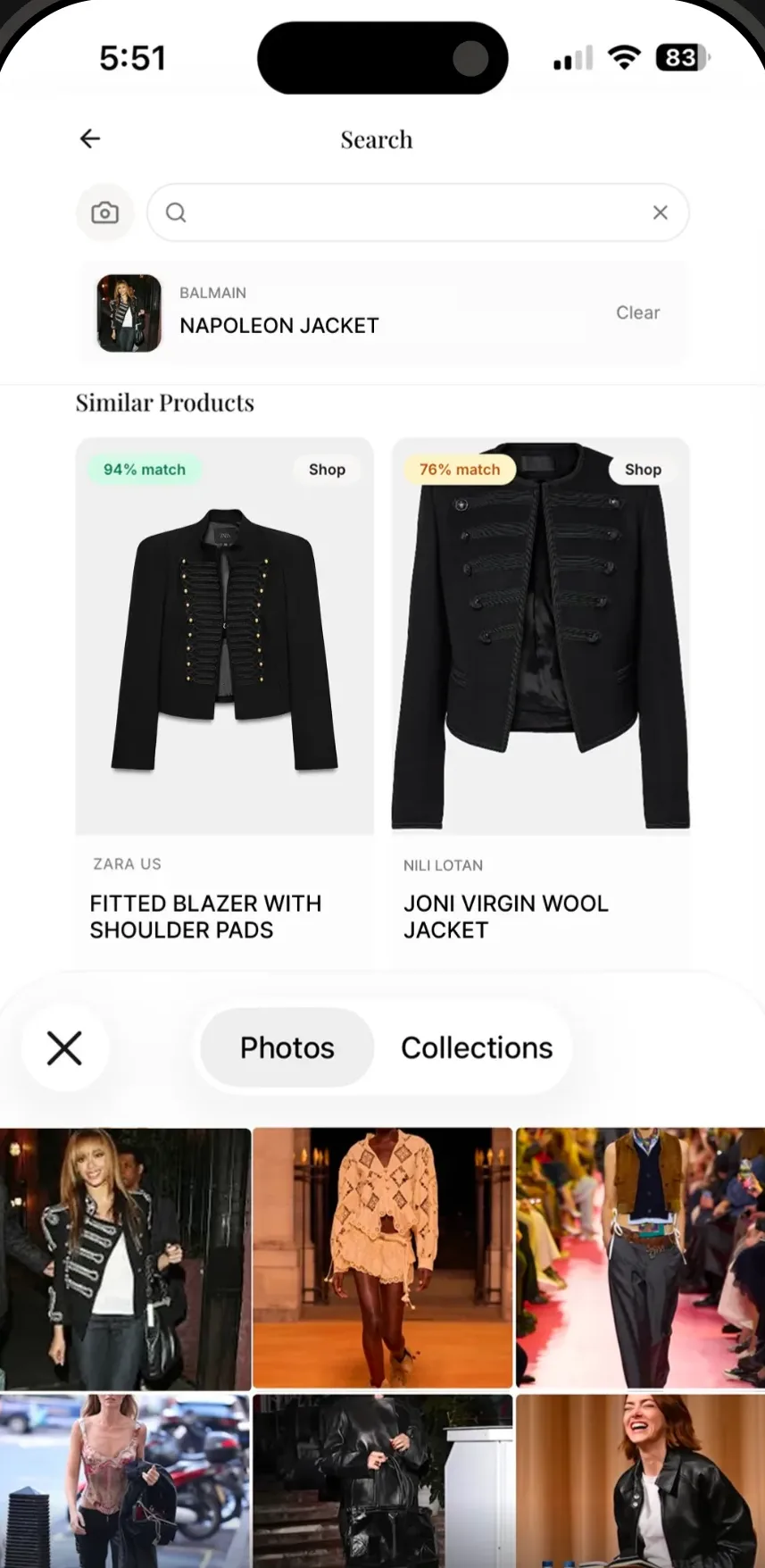 Photo search results with match percentages