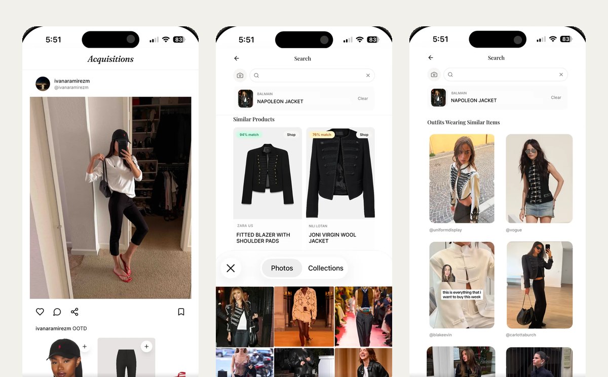 Three Acquisitions screens: a tastemaker post, photo search and outfits styled
