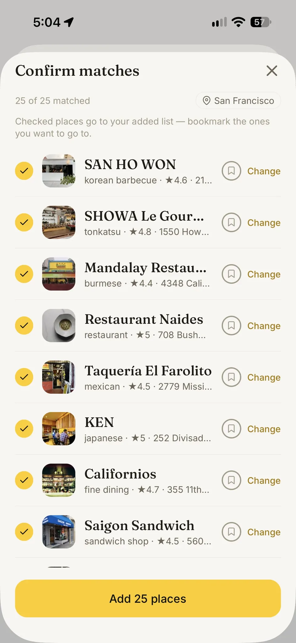 GoodFinds confirming 25 places matched from an import