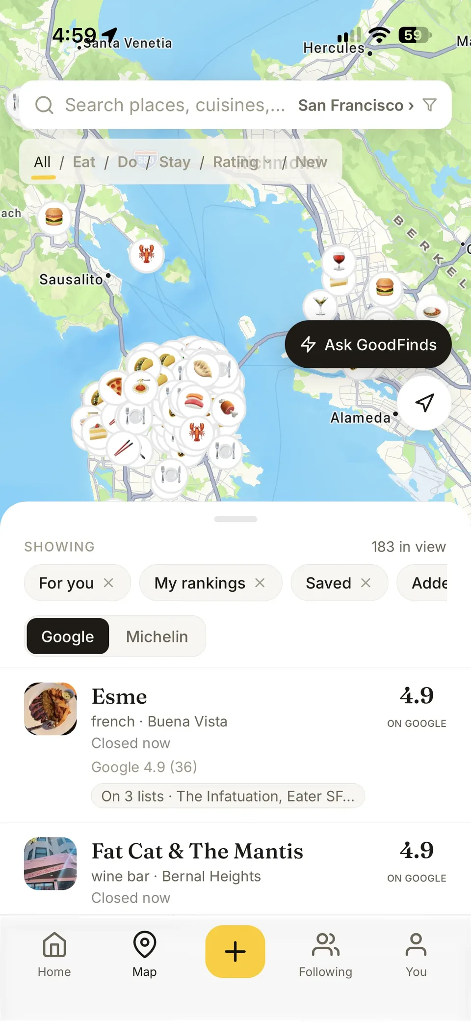GoodFinds map of San Francisco with a ranked list below