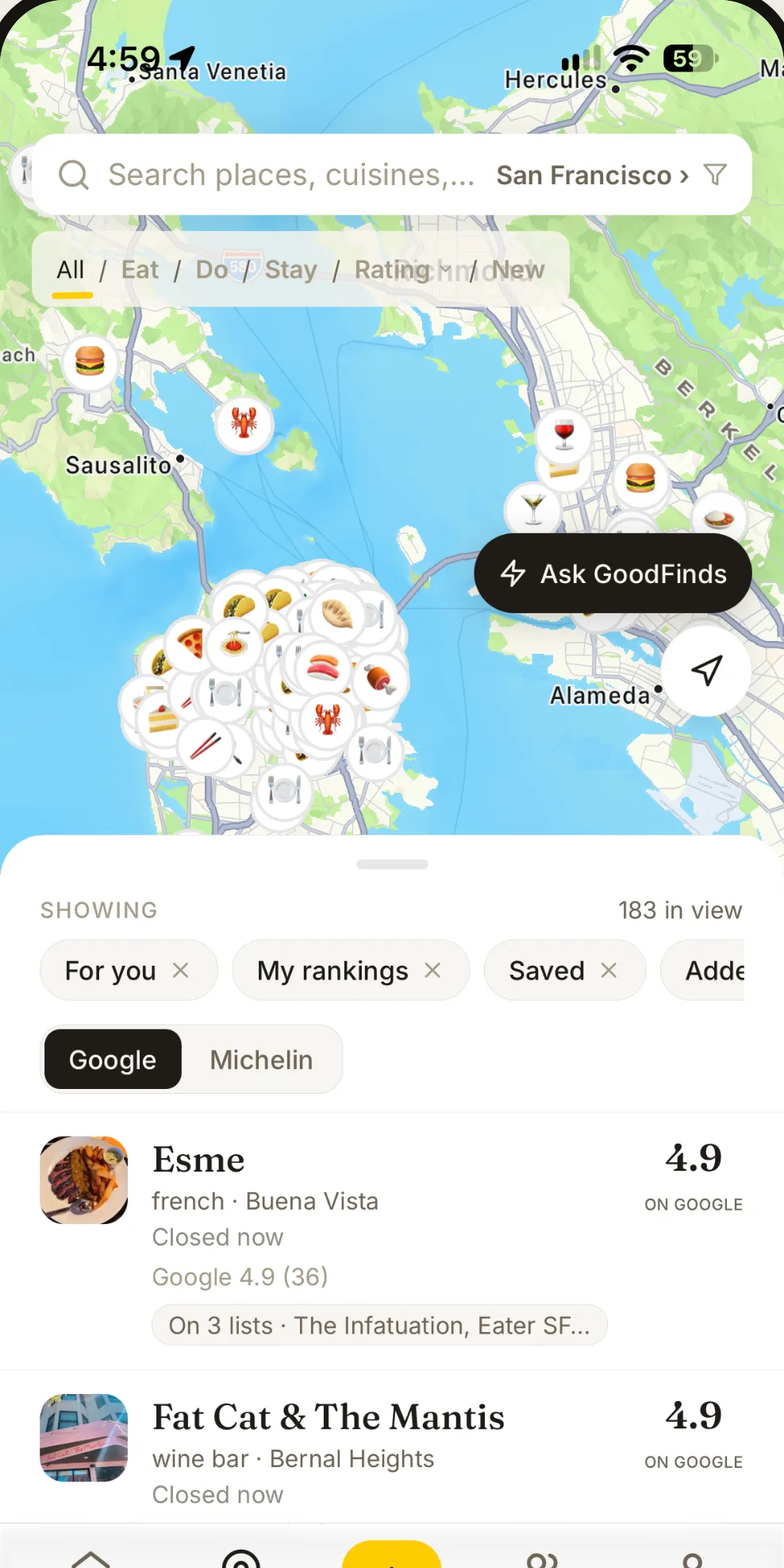 GoodFinds map of San Francisco with a ranked list below